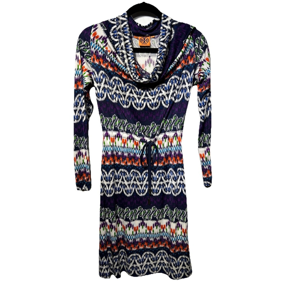 Tory Burch Silk Long Sleeve Cowl Neck Mini Dress‎ Fantasy Print Sz Small EUC